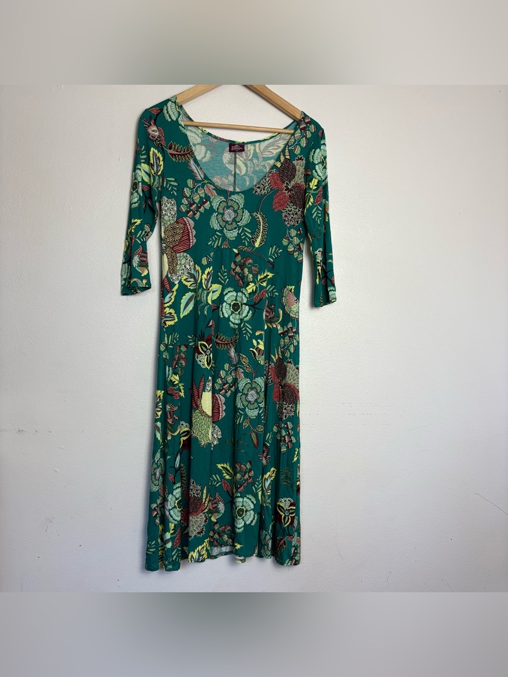 Salaam Green Botanical Floral Stretch Midi Dress Boho Size XS